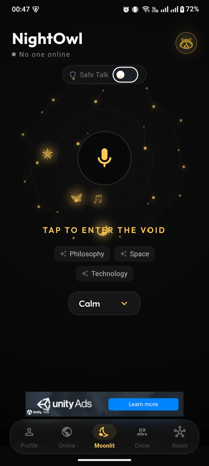 NightOwl Matchmaking Screen - Tap to enter the void and start anonymous voice calls